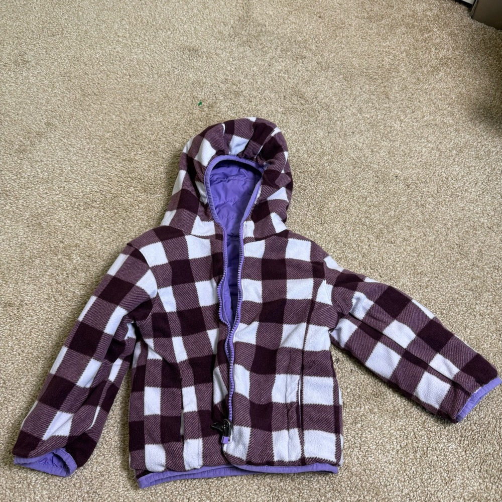 Columbia Kids Lavender Maroon Plaid Reversible Lightweight Fleece‎ Jacket Hooded